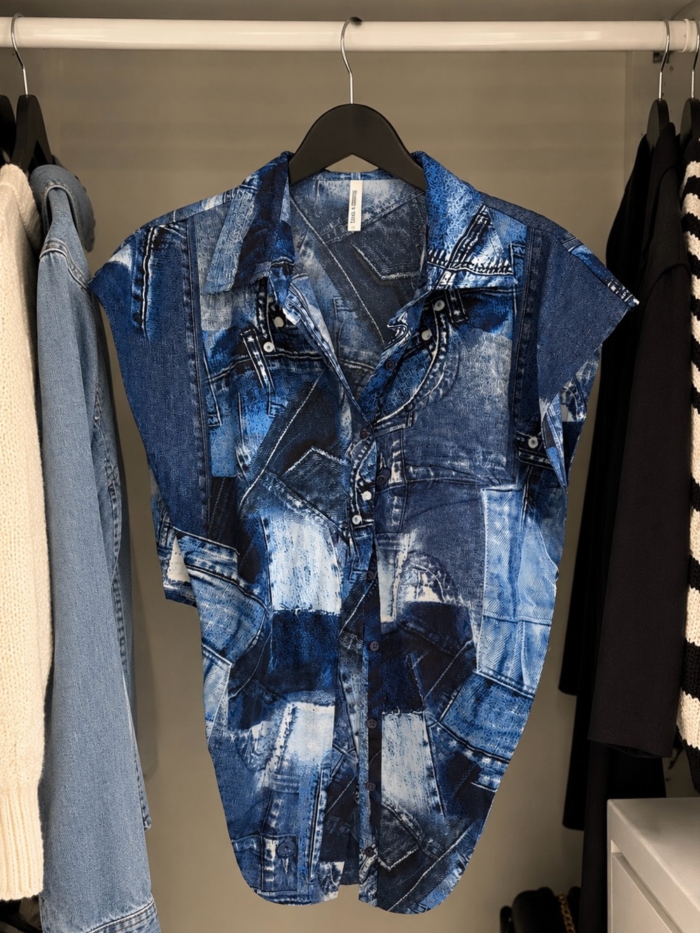 Blue Patchwork Denim-Print